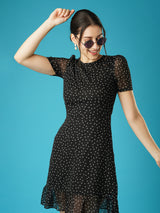Women's Polka Dots Round Neck Short Puffed Sleeves Fit and Flare Mini Party Dress