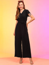 Women's Black V-Neck Waist Tie-Ups Jumpsuit with Belt