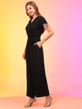Women's Black V-Neck Waist Tie-Ups Jumpsuit with Belt
