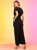 Women's Black V-Neck Waist Tie-Ups Jumpsuit with Belt