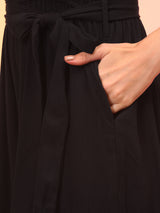 Women's Black V-Neck Waist Tie-Ups Jumpsuit with Belt