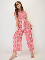 Women's Shirt Collar Extended Sleeves Abstract Print Cut Out Detail Waist Tie-Up Jumpsuit
