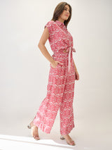 Women's Shirt Collar Extended Sleeves Abstract Print Cut Out Detail Waist Tie-Up Jumpsuit