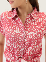 Women's Shirt Collar Extended Sleeves Abstract Print Cut Out Detail Waist Tie-Up Jumpsuit