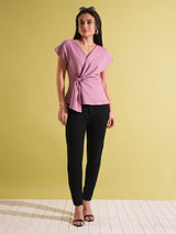 Women's Pink Wrap V-Neck Extended Sleeves Twisted Detail Workwear Top