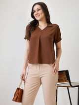 Women's Brown Collar Neck Extended Sleeves Self Design Shirt Style Workwear Top