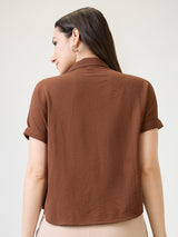 Women's Brown Collar Neck Extended Sleeves Self Design Shirt Style Workwear Top