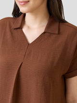 Women's Brown Collar Neck Extended Sleeves Self Design Shirt Style Workwear Top