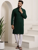 Men's Green Full Sleeves Embroidered Straight Kurta