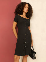 Women's Black Off-Shoulder Button Down Ribbed Dress