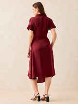 Women's Maroon Midi Tie Up Detail Shirt Dress