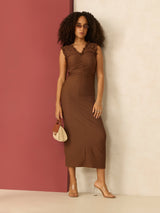 Women's Brown Ruching Detail Midi Dress