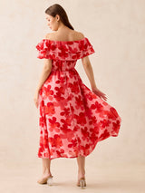 Women's Red Off Shoulder Midi Dress