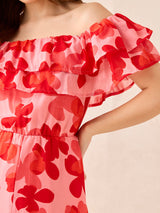 Women's Red Off Shoulder Midi Dress