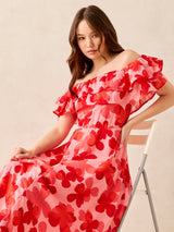 Women's Red Off Shoulder Midi Dress