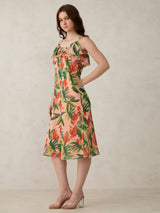 Women's Peach Floral Ruffle Tie Up Dress with Pocket