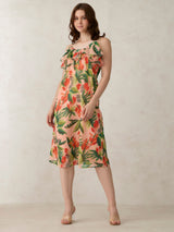 Women's Peach Floral Ruffle Tie Up Dress with Pocket