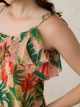 Women's Peach Floral Ruffle Tie Up Dress with Pocket