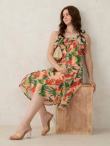 Women's Peach Floral Ruffle Tie Up Dress with Pocket