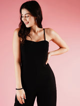 Women's Black Shoulder Straps Sleeveless Basic Jumpsuit