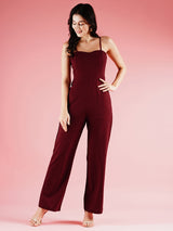 Women's Maroon Shoulder Straps Sleeveless Basic Jumpsuit