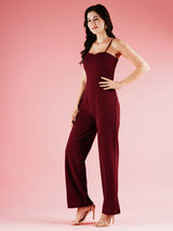 Women's Maroon Shoulder Straps Sleeveless Basic Jumpsuit