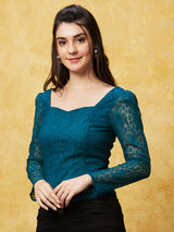 Women's Teal Smocked Detailed Lace Up Party Top