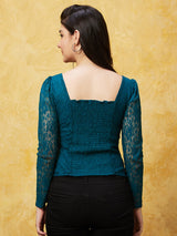 Women's Teal Smocked Detailed Lace Up Party Top
