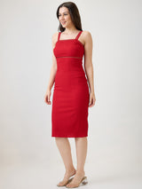 Women's Red Self Design Strappy Shoulder Lace Inserts Back Slit Bodycon Midi Party Dress