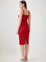 Women's Red Self Design Strappy Shoulder Lace Inserts Back Slit Bodycon Midi Party Dress