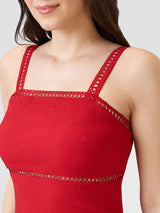 Women's Red Self Design Strappy Shoulder Lace Inserts Back Slit Bodycon Midi Party Dress