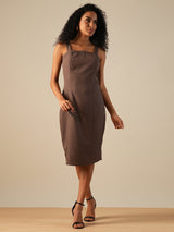 Women's Buckle Detail Square Neck Strappy Shoulder Korean Midi Sheath Party Dress