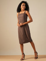 Women's Buckle Detail Square Neck Strappy Shoulder Korean Midi Sheath Party Dress