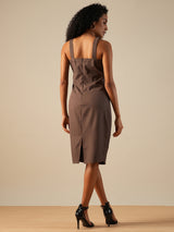 Women's Buckle Detail Square Neck Strappy Shoulder Korean Midi Sheath Party Dress