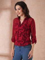Women's Maroon Floral Roll-Up Sleeves Top