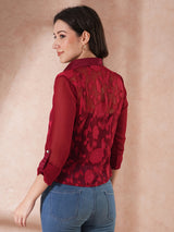 Women's Maroon Floral Roll-Up Sleeves Top