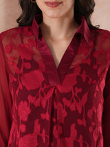 Women's Maroon Floral Roll-Up Sleeves Top