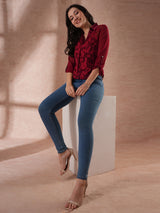 Women's Maroon Floral Roll-Up Sleeves Top