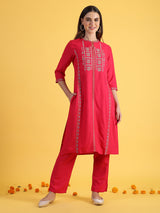 Women's Dark Pink Geometric Embroidered Straight Kurta And Straight Pants Set
