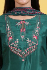 Women's Dark Green Floral Embroidered Straight Woven Kurta With Trouser And Dupatta
