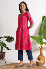 Women's Pink Floral Printed Sequined Straight Shantung Kurta and Trouser