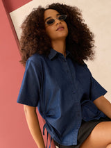 Women's Blue Half Sleeve Loosefit Shirt