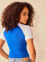 Women's Blue Raglan Cropped Tshirt with Graphic Print