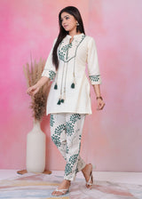 Women's Green Work Regular Fit Embroidered Three Quarter Sleeves Co-Ord Sets