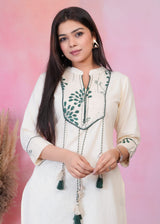 Women's Green Work Regular Fit Embroidered Three Quarter Sleeves Co-Ord Sets