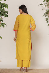 Women's Yellow Fusion Regular Fit Embroidered Three Quarter Sleeves Kurtas Sets