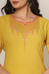 Women's Yellow Fusion Regular Fit Embroidered Three Quarter Sleeves Kurtas Sets
