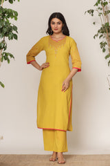 Women's Yellow Fusion Regular Fit Embroidered Three Quarter Sleeves Kurtas Sets