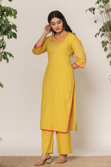 Women's Yellow Fusion Regular Fit Embroidered Three Quarter Sleeves Kurtas Sets