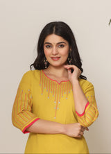 Women's Yellow Fusion Regular Fit Embroidered Three Quarter Sleeves Kurtas Sets